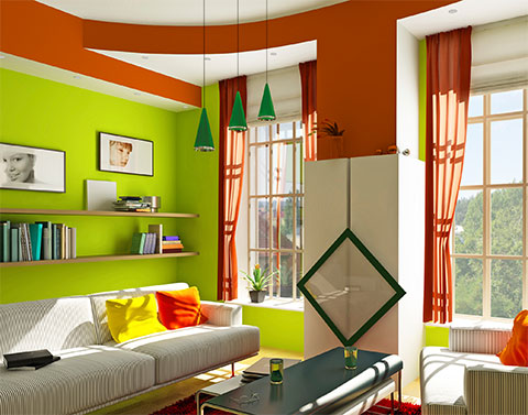 Modern Living Room with Lime Walls and Burnt Umber Accents